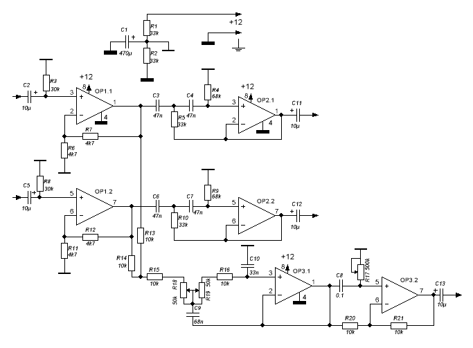 Схема активного фильтра с фазовращателем